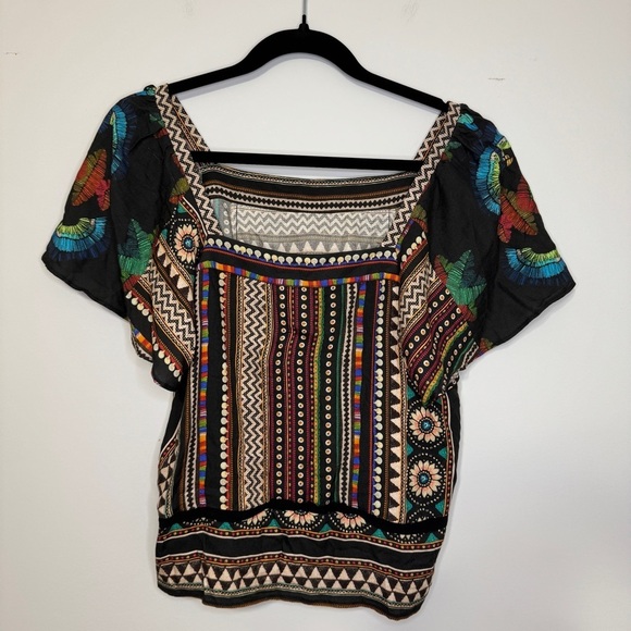 Farm Rio for Anthropologie Boho Embroidered Peasant Top Sz S Ethnic Tribal Print - Picture 4 of 7